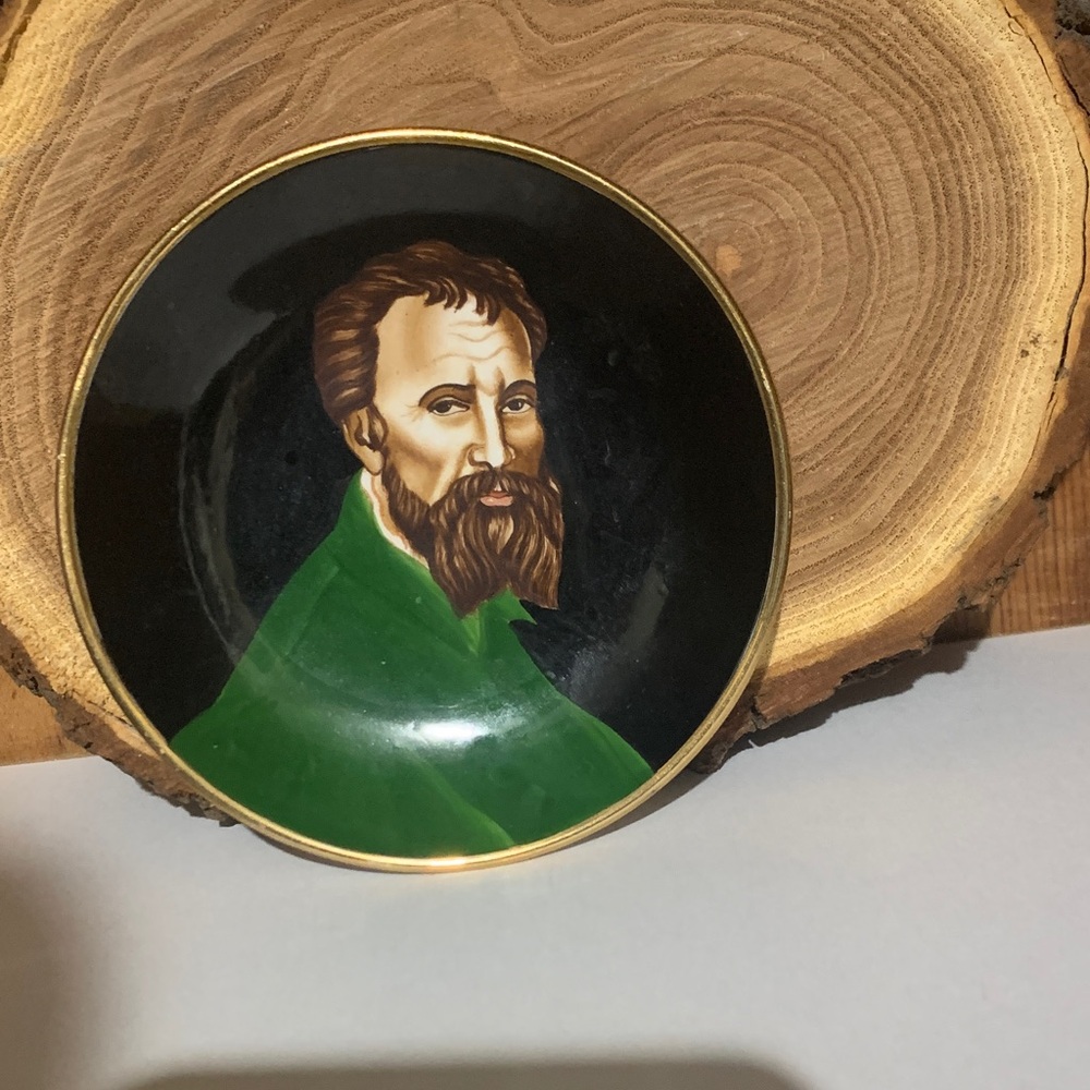 Hand Painted Michelangelo Portrait Plate with Gold Rim stamped  Italy
